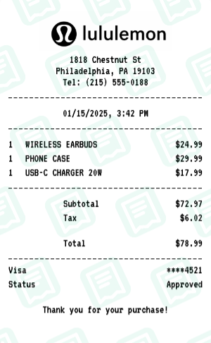 lululemon Receipt Example - Electronics Purchase