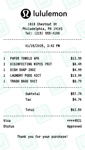 lululemon Receipt Example - Household Essentials