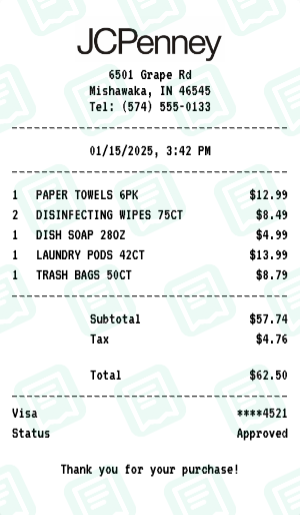 JCPenney Receipt Example - Household Essentials