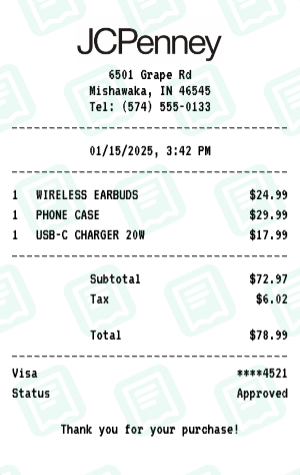 JCPenney Receipt Example - Electronics Purchase