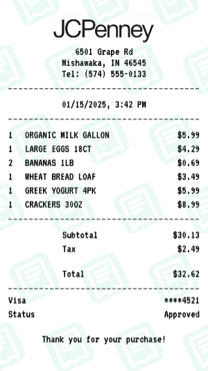 JCPenney Receipt Example - Weekly Grocery Run