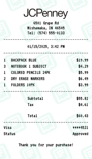 JCPenney Receipt Example - Back to School