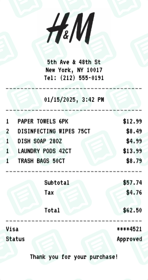 H&M Receipt Example - Household Essentials
