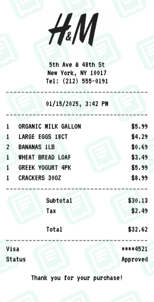 H&M Receipt Example - Weekly Grocery Run