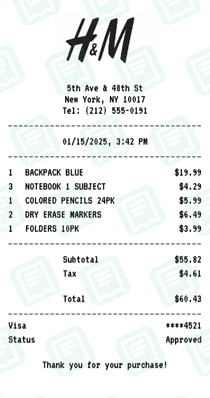 H&M Receipt Example - Back to School
