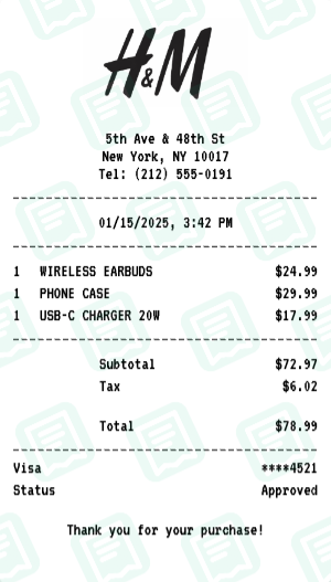 H&M Receipt Example - Electronics Purchase
