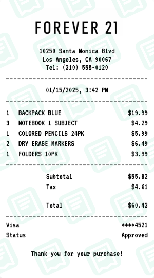 Forever 21 Receipt Example - Back to School
