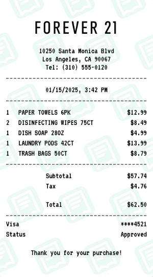 Forever 21 Receipt Example - Household Essentials