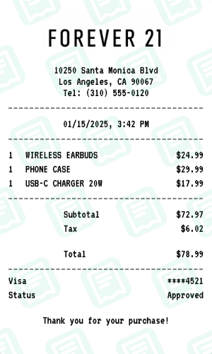 Forever 21 Receipt Example - Electronics Purchase