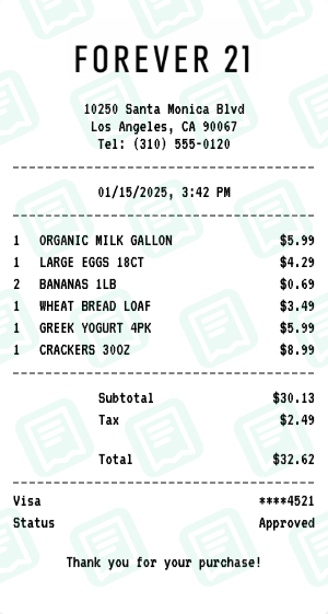 Forever 21 Receipt Example - Weekly Grocery Run