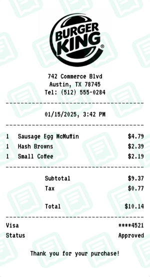 Burger King Receipt Example - Breakfast Order