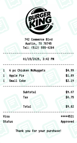 Burger King Receipt Example - Late Night Snack