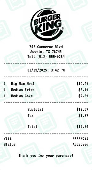 Burger King Receipt Example - Combo Meal