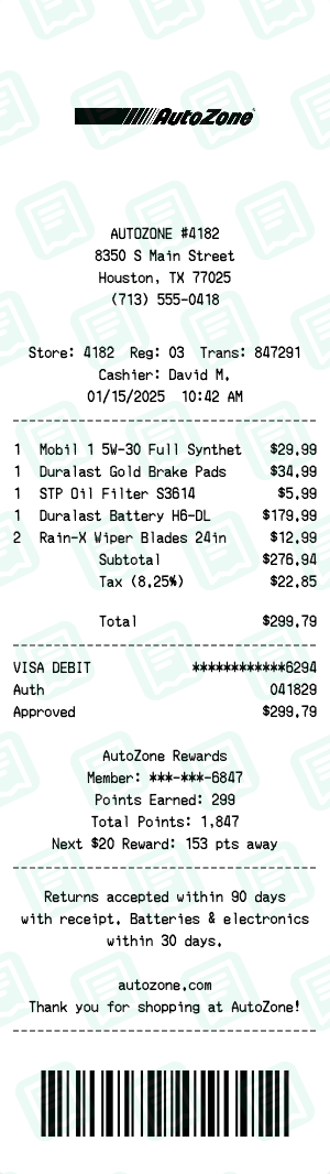 AutoZone receipt preview - click to customize