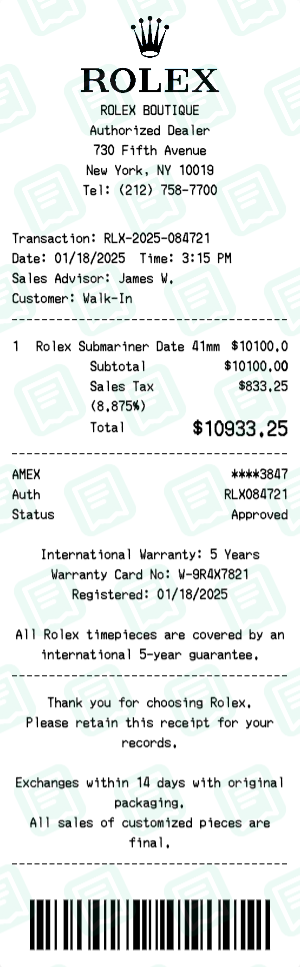 Rolex receipt preview - click to customize