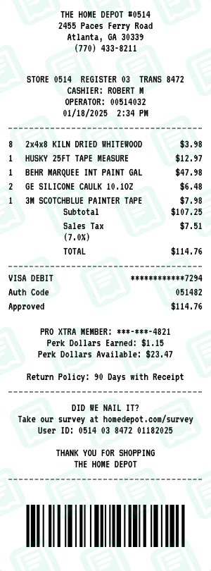 Home Depot receipt preview - click to customize