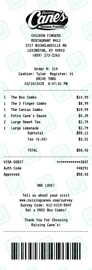 Raising Cane's receipt preview - click to customize