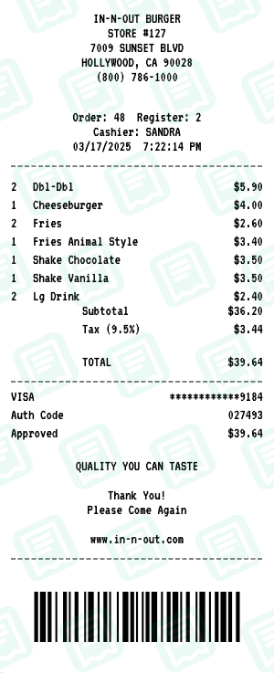 In-N-Out Burger receipt preview - click to customize