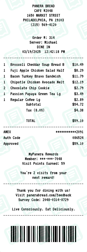 Panera Bread receipt preview - click to customize