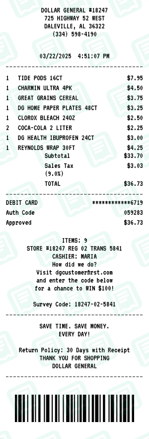 Dollar General receipt preview - click to customize