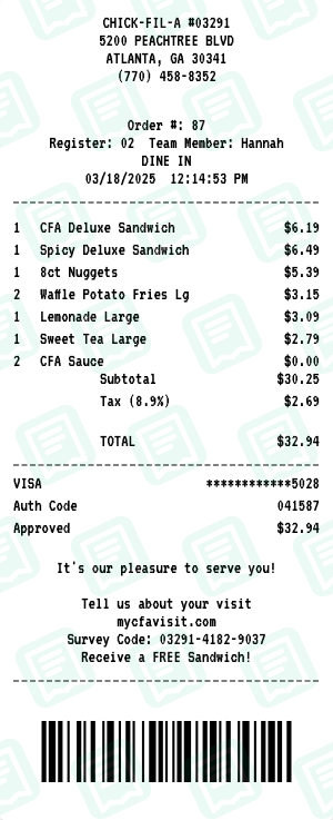 Chick-fil-A receipt preview - click to customize