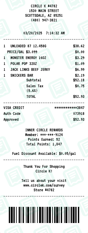 Circle K receipt preview - click to customize