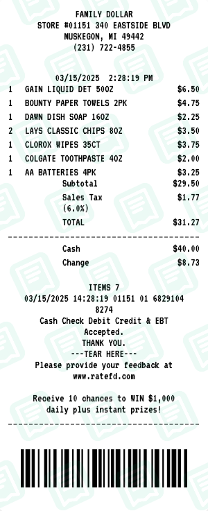 Family Dollar receipt preview - click to customize